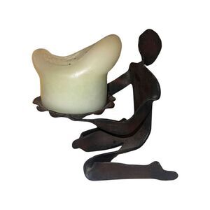 Brutalist Cast Iron Metal Person Sculpted Shaped Candle Holder Display Vtg
